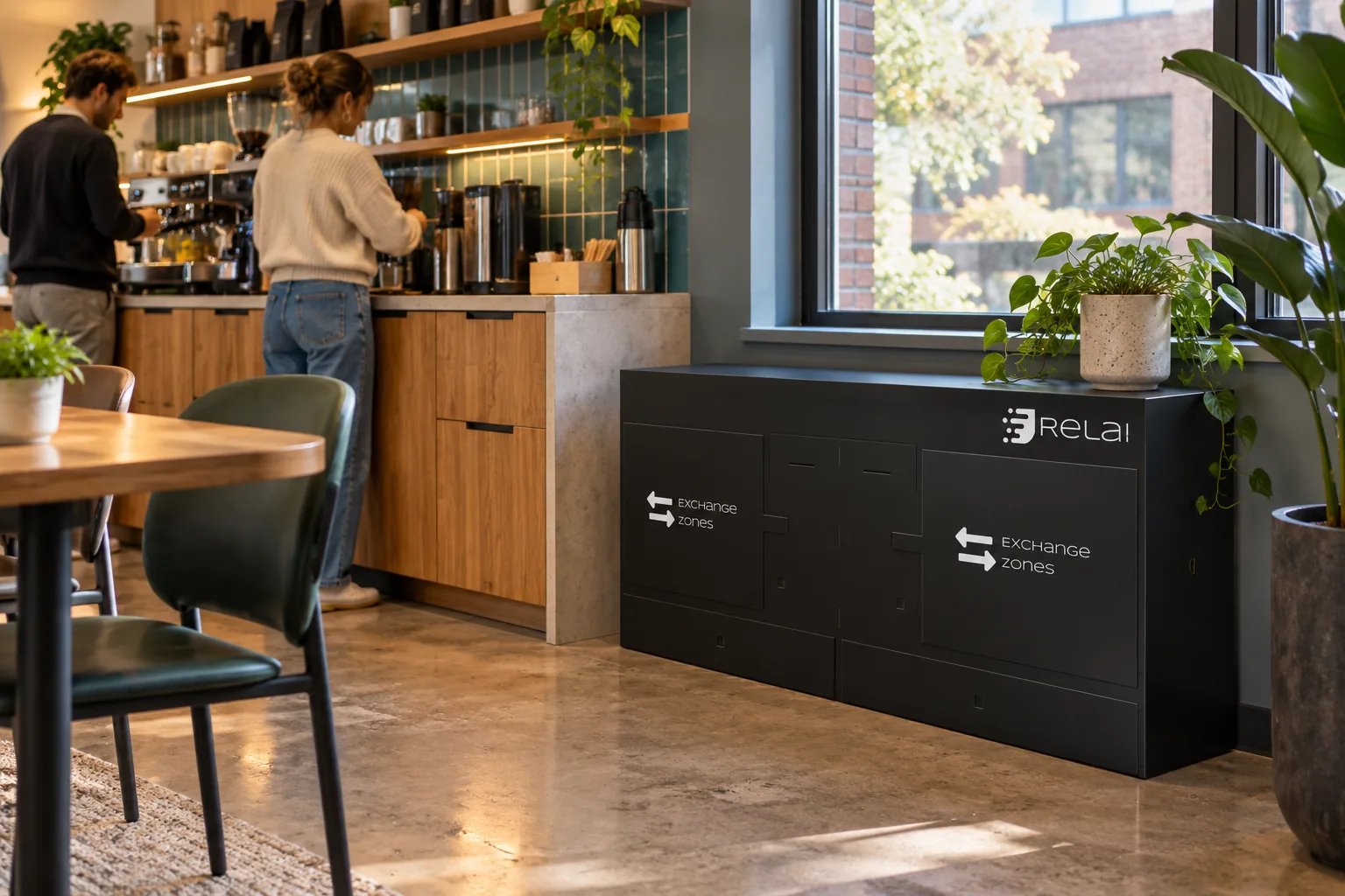 Design concept: a two compartment Exchange Zone tower in black, against the wall of an office kitchen.