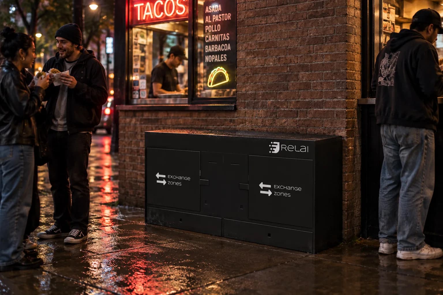Concept render: a two-compartment Exchange Zone tower in black, outside a late-night restaurant.