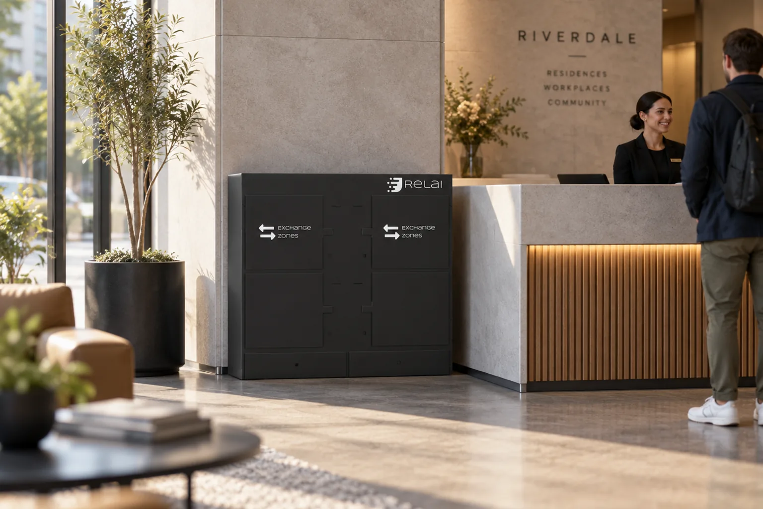 Design concept: a four compartment Exchange Zone tower in black, beside the desk in a residential lobby.