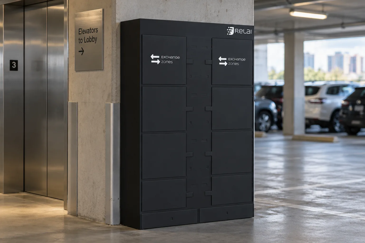 Concept render: an eight-compartment Exchange Zone tower in black, its two lit screens facing a parking garage lift lobby.