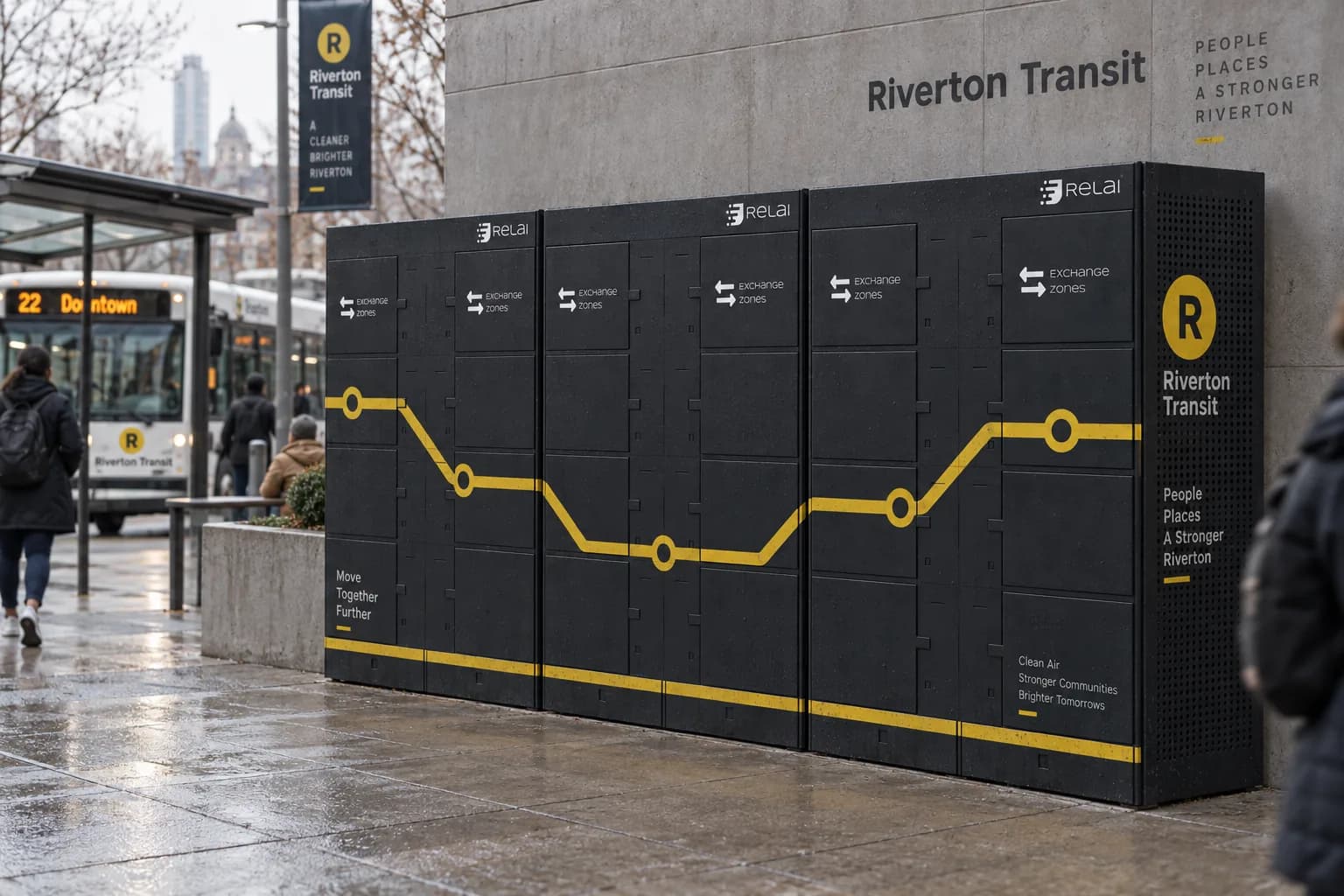 Design concept: three eight compartment Exchange Zone towers in a host wrap carrying a fictional transit brand and a route diagram, at a transit station.