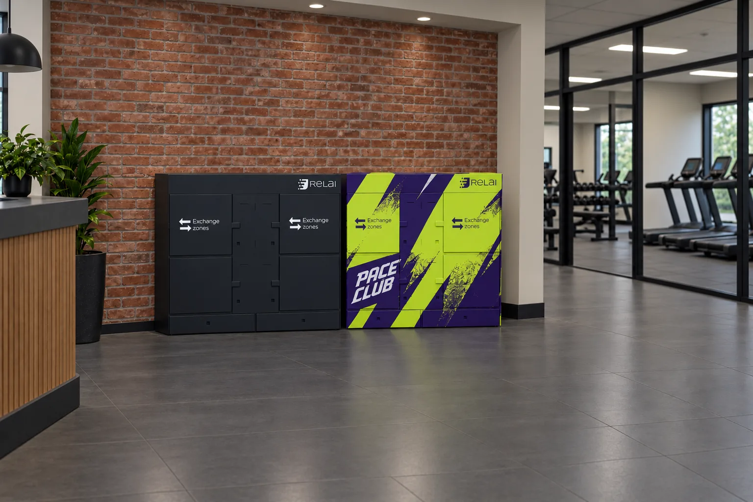 Design concept: two four compartment Exchange Zone towers in a gym lobby, one black and one in a bright host wrap carrying a fictional club name.